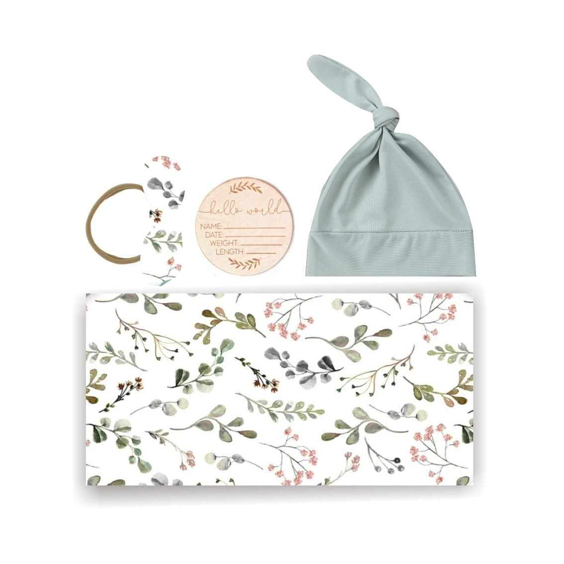 Eucalyptus Breeze Swaddle & Luxe Bow Headband, Hat, and Wooden Plaque Set