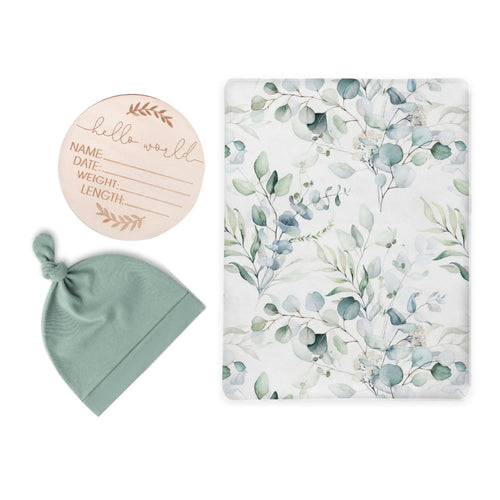 Eucalyptus Leaves Swaddle & Luxe Knot Hat, Wooden Plaque Set