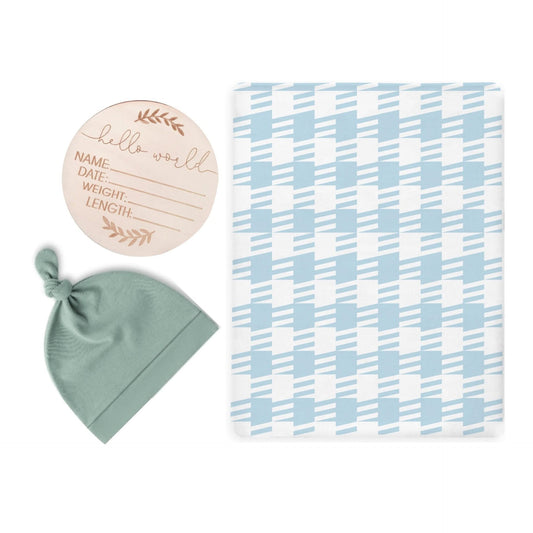 Blue Houndstooth Swaddle & Luxe Knot Hat, Wooden Plaque Set