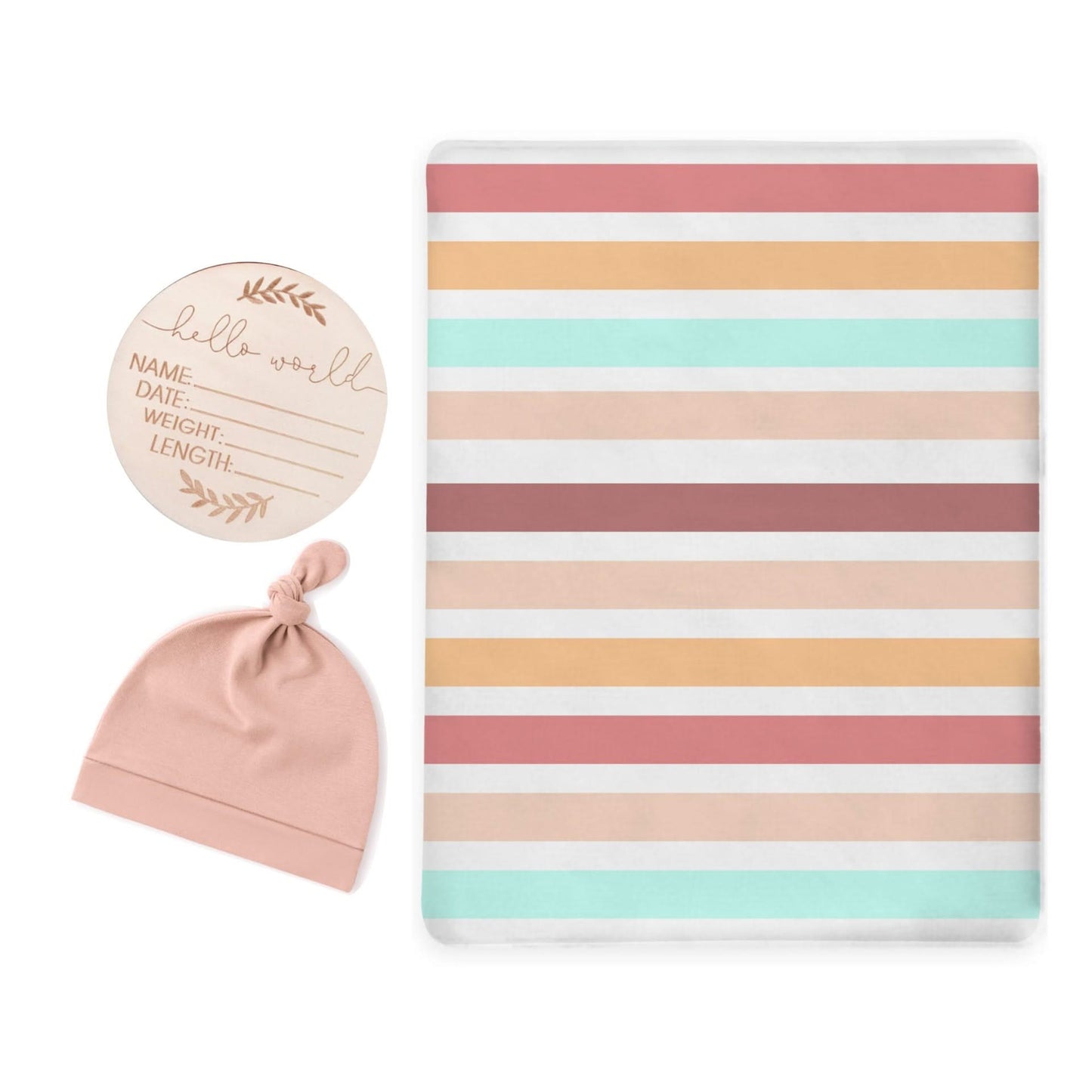 Sunset Stripes Swaddle & Luxe Knot Hat, Wooden Plaque Set