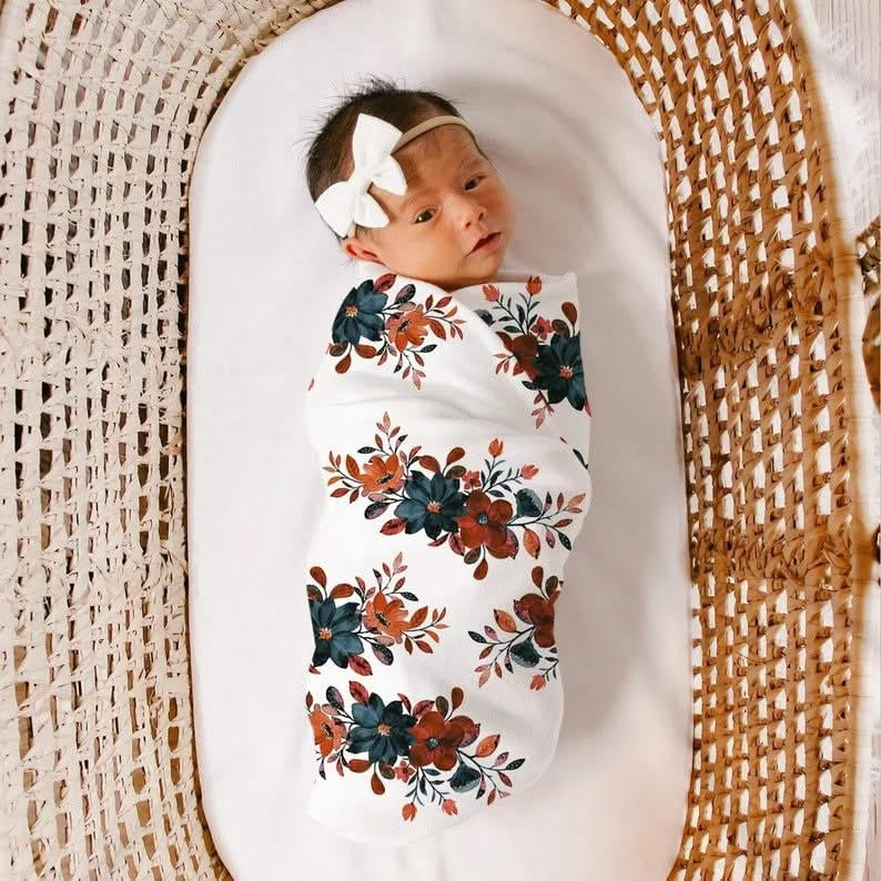 Floral Newborn Swaddle Blanket, Baby Hat, and Headband 3-Piece Set - Soft and Cozy for Newborns