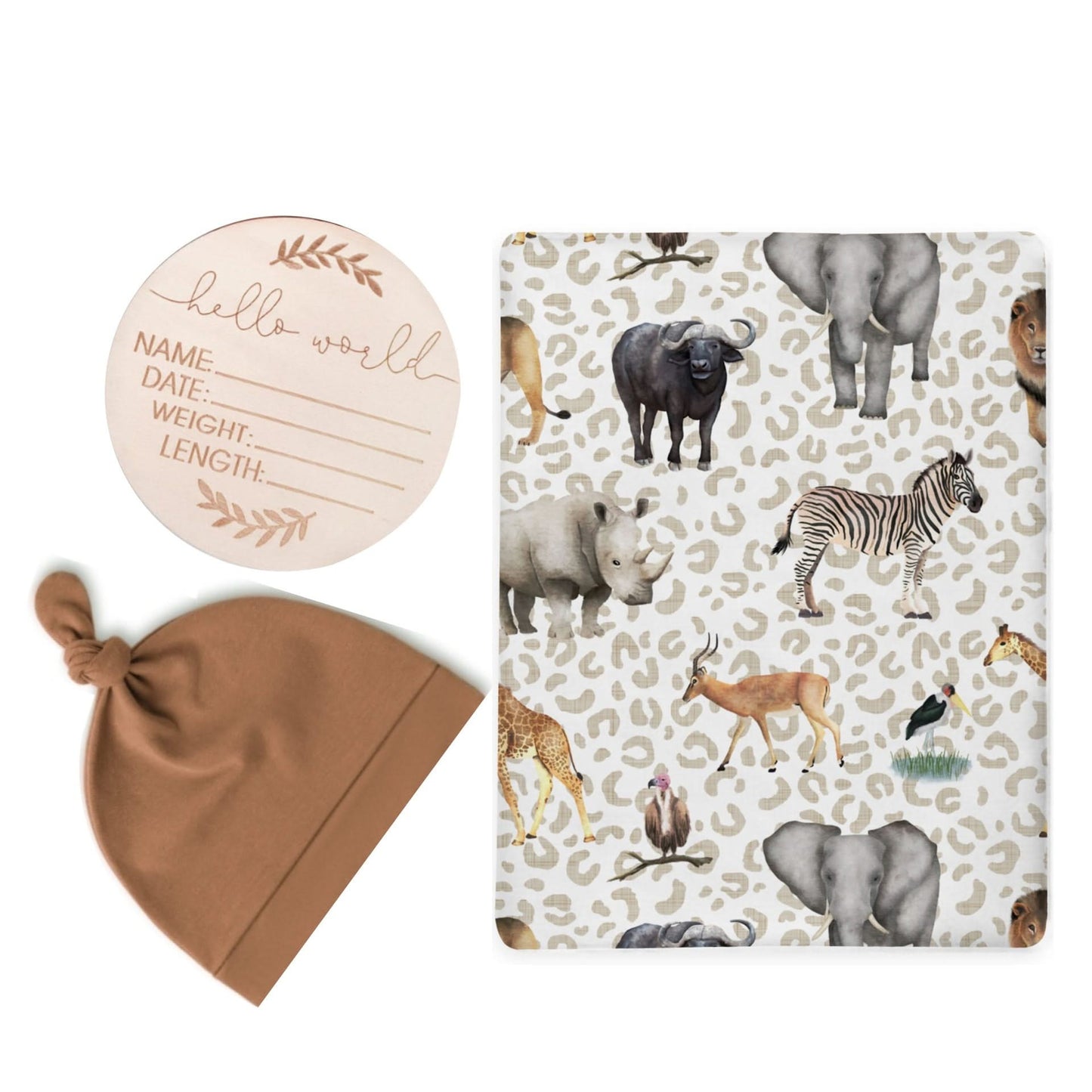 Animal Print Baby Swaddle Blanket, Newborn Hat, and Milestone Cards 3-Piece Set - Soft and Stylish