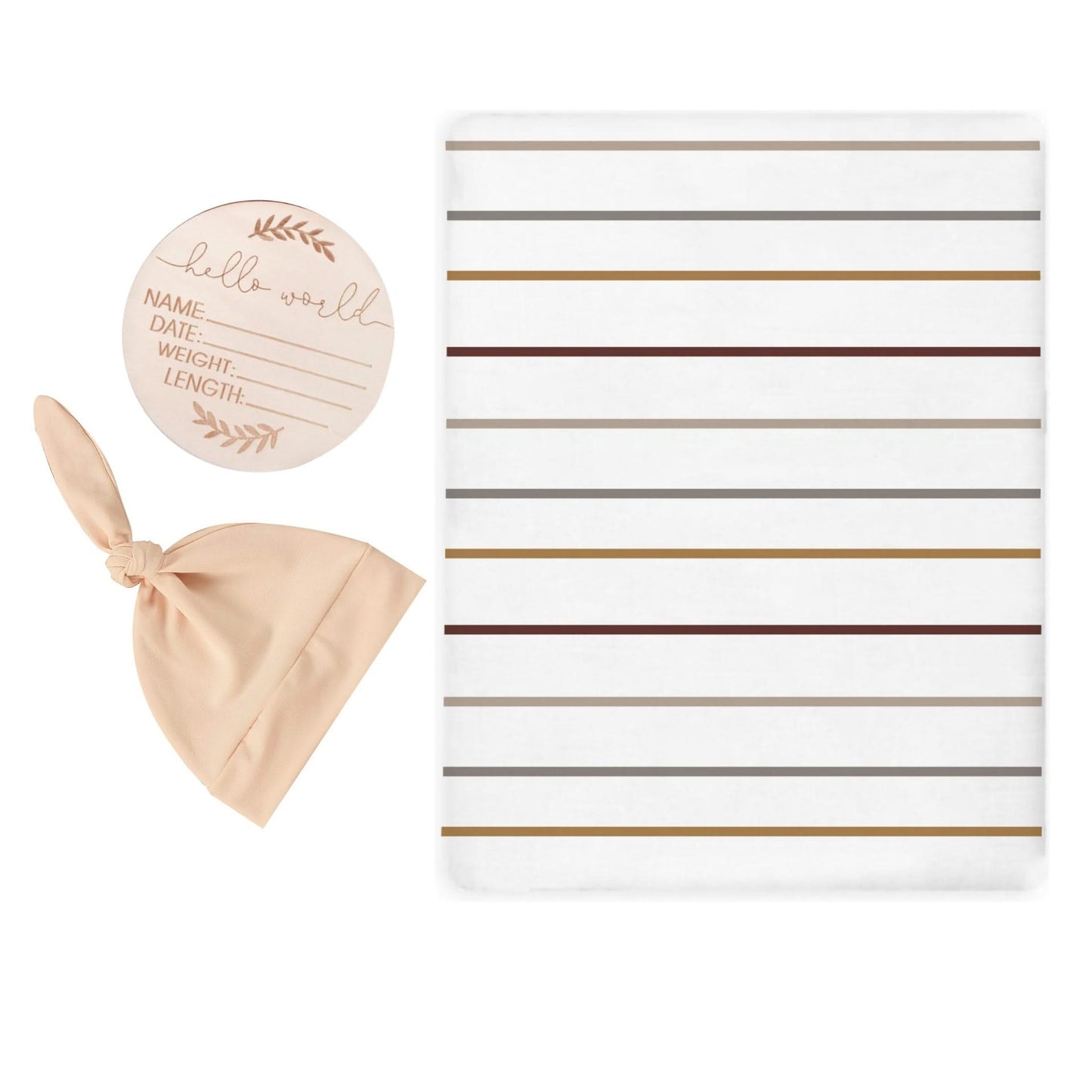 Minimalist Stripes Swaddle & Luxe Knot Hat, Wooden Plaque Set