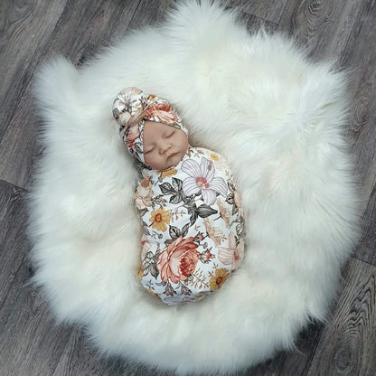 Floral Newborn Swaddle Blanket, Baby Hat, and Headband 3-Piece Set - Soft and Cozy for Newborns