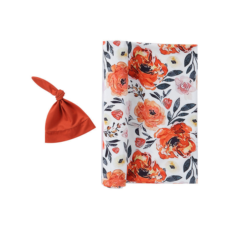 Orange Floral Swaddle & Knot Hat Set