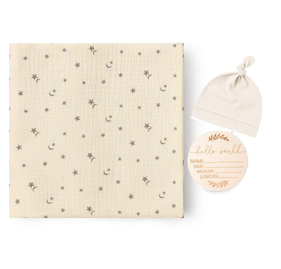 Printed Baby Swaddle Blanket, Newborn Hat, and Milestone Cards 3-Piece Set - Soft and Stylish(39.4in×39.4in)