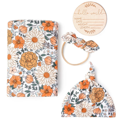 Orange Blossom Swaddle & Luxe Bow Headband, Hat, and Wooden Plaque Set