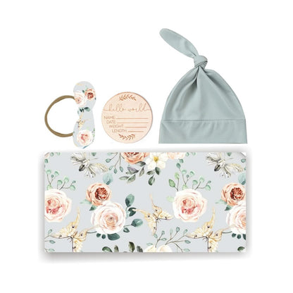 Floral Butterfly Swaddle & Luxe Bow Headband, Hat, and Wooden Plaque Set