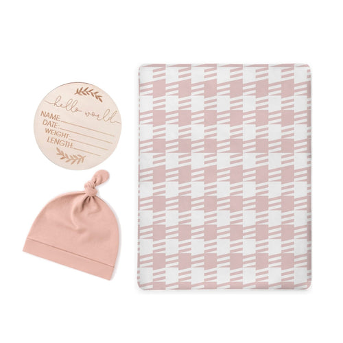 Pink Houndstooth Swaddle & Luxe Knot Hat, Wooden Plaque Set