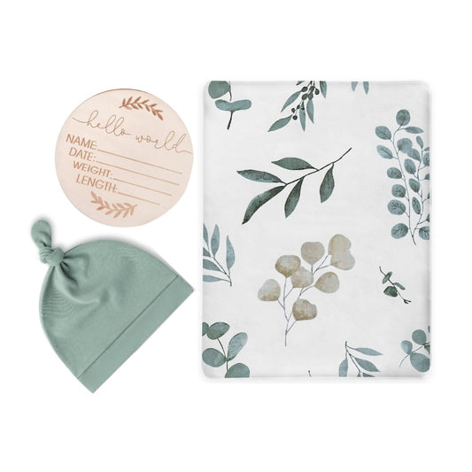 Eucalyptus Leaves Swaddle & Luxe Knot Hat, Wooden Plaque Set