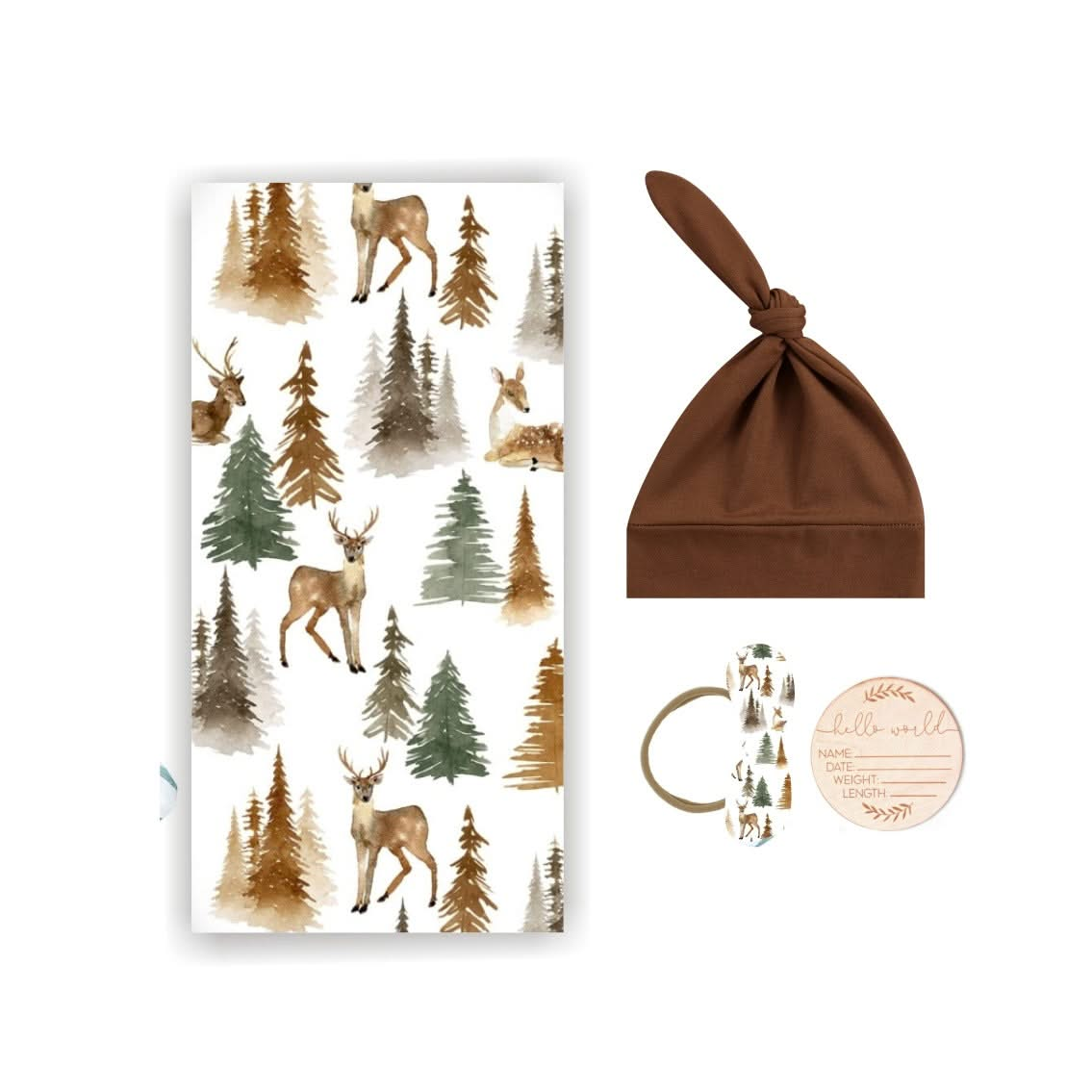 Deep in the Forest Deer Swaddle & Luxe Bow Headband, Hat, and Wooden Plaque Set