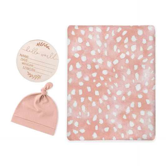 Pink Dots Swaddle & Luxe Knot Hat, Wooden Plaque Set