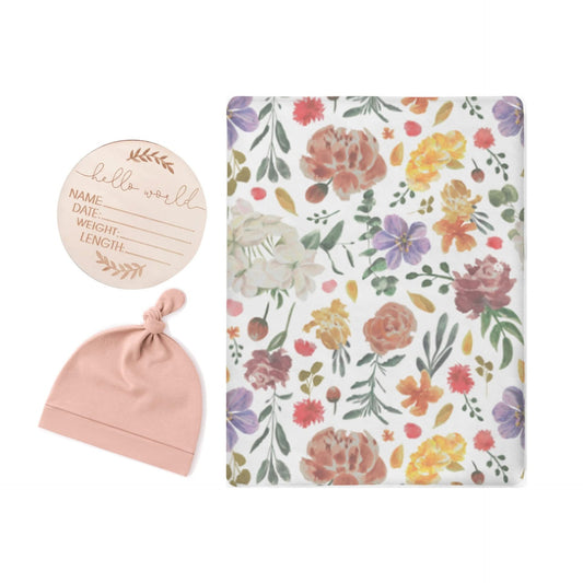 Floral Garden Swaddle & Luxe Knot Hat, Wooden Plaque Set