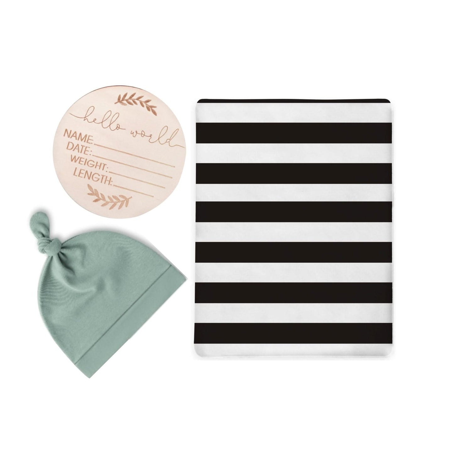 Black & White Stripes Swaddle & Luxe Knot Hat, Wooden Plaque Set