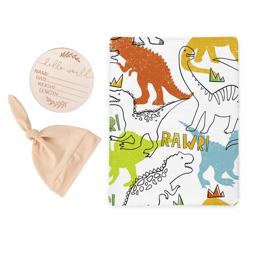 Dino Rawr Swaddle & Luxe Knot Hat, Wooden Plaque Set