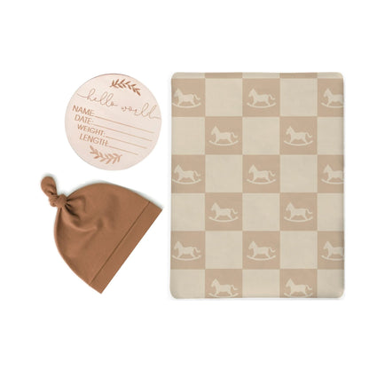 Rocking Horse Plaid Swaddle & Luxe Knot Hat, Wooden Plaque Set