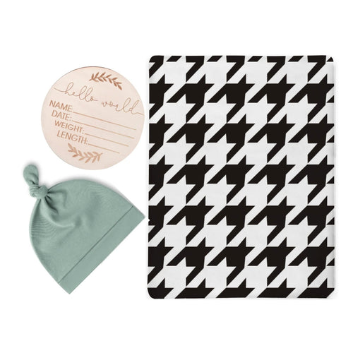 Houndstooth Swaddle & Luxe Knot Hat, Wooden Plaque Set