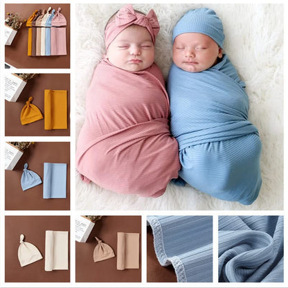 Solid Color Baby Swaddle Blanket and Newborn Hat 2-Piece Set - Soft and Stylish