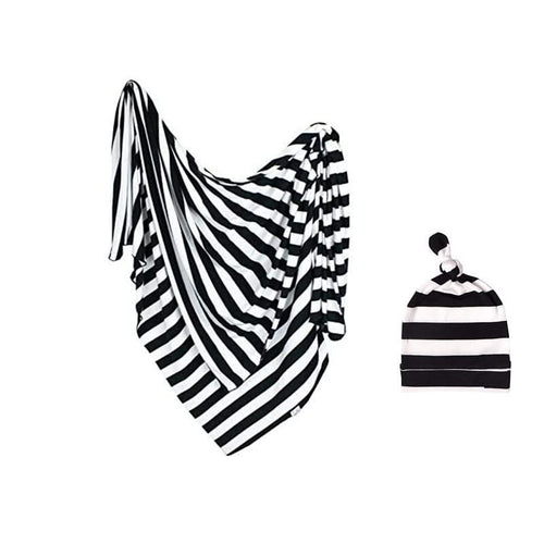 Black and White Stripes Swaddle & Knot Hat Set