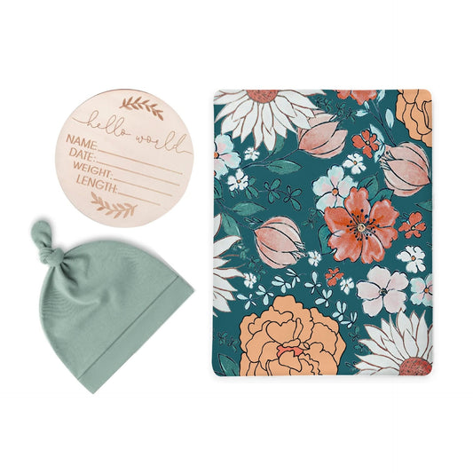 Green Floral Swaddle & Luxe Knot Hat, Wooden Plaque Set