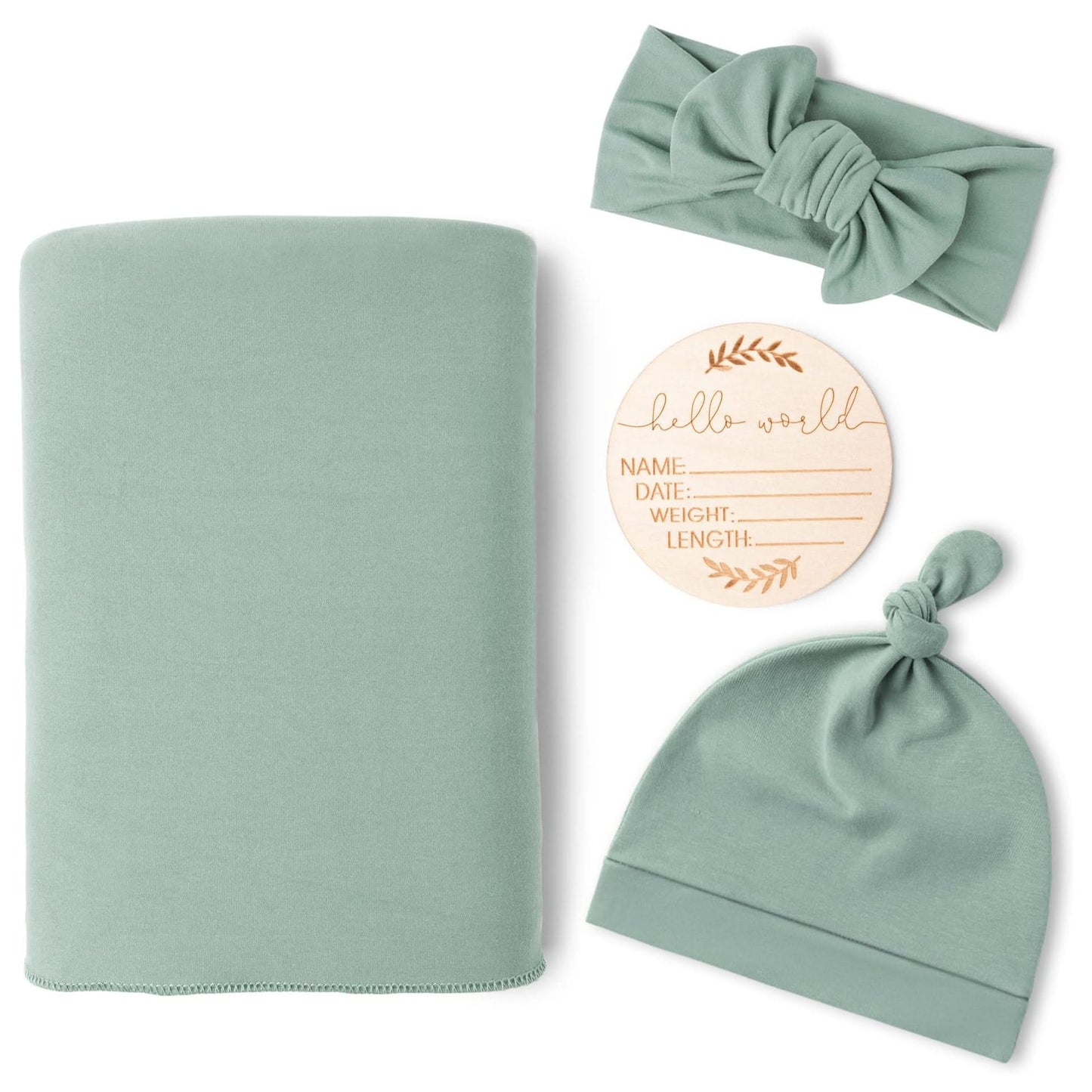 Sage Green Swaddle & Luxe Bow Headband, Hat, and Wooden Plaque Set