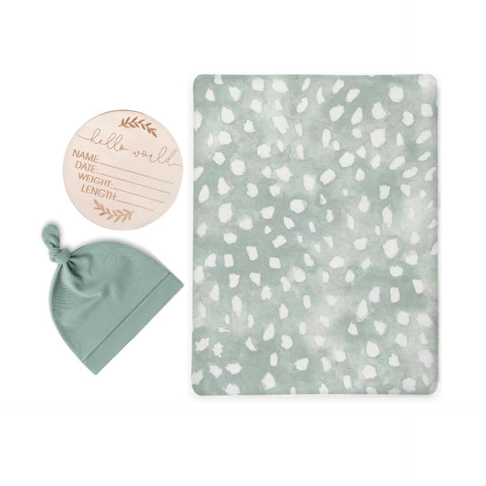 Green Dots Swaddle & Luxe Knot Hat, Wooden Plaque Set