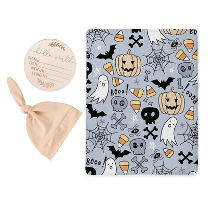 Halloween Boo Swaddle & Luxe Knot Hat, Wooden Plaque Set