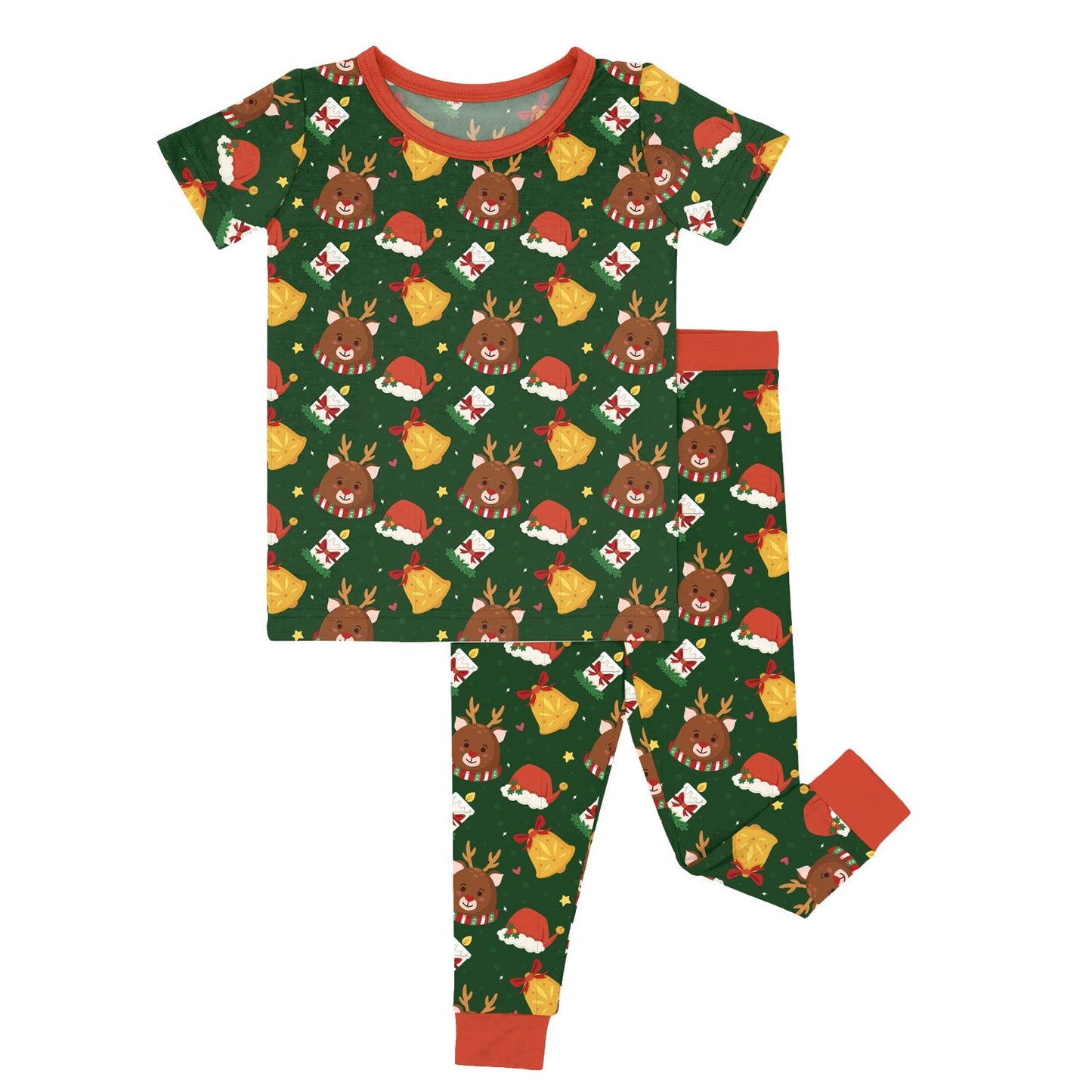 Reindeer And Bell Two Piece Short Sleeve Pajama Set