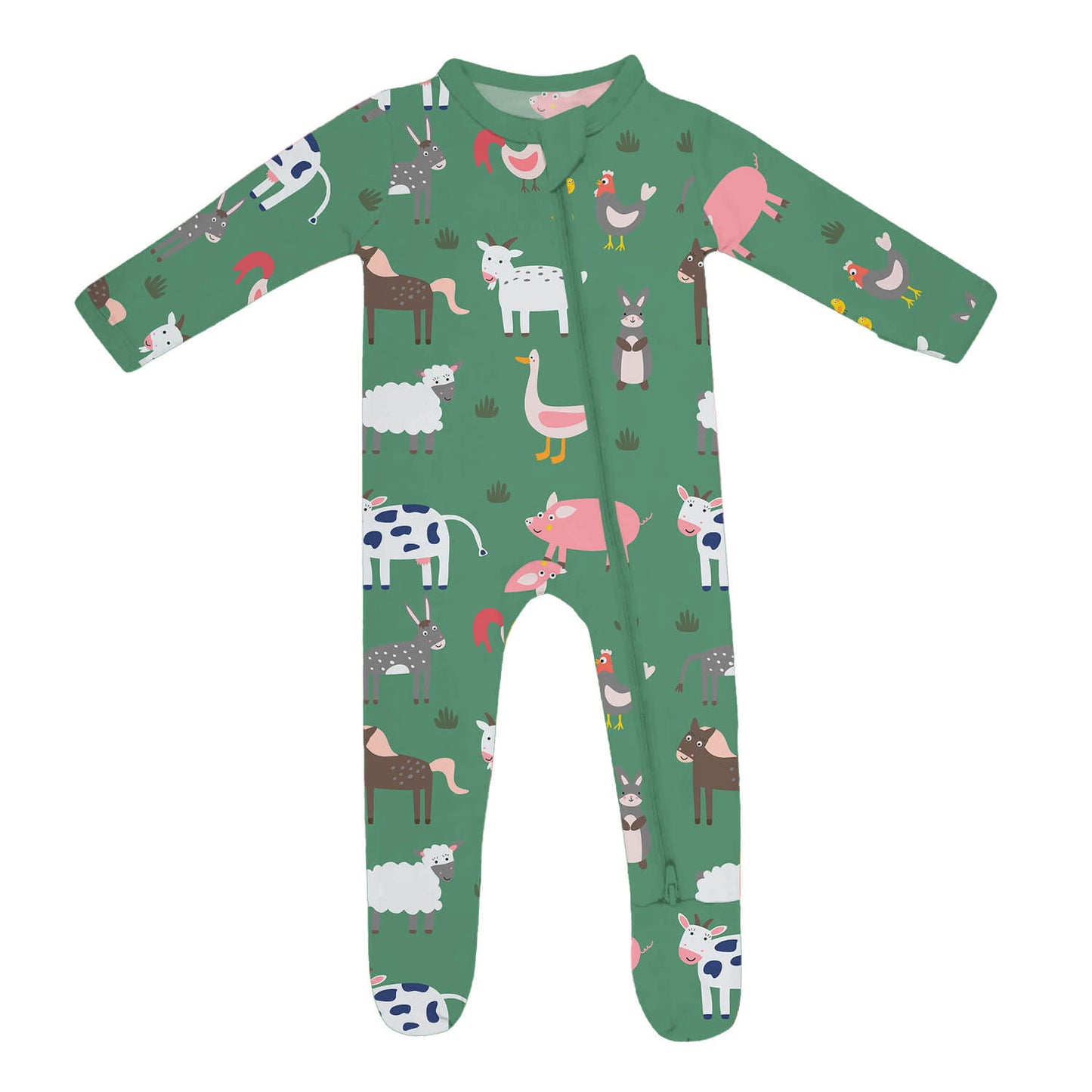 Green Farm Animals Zippered Footie Romper