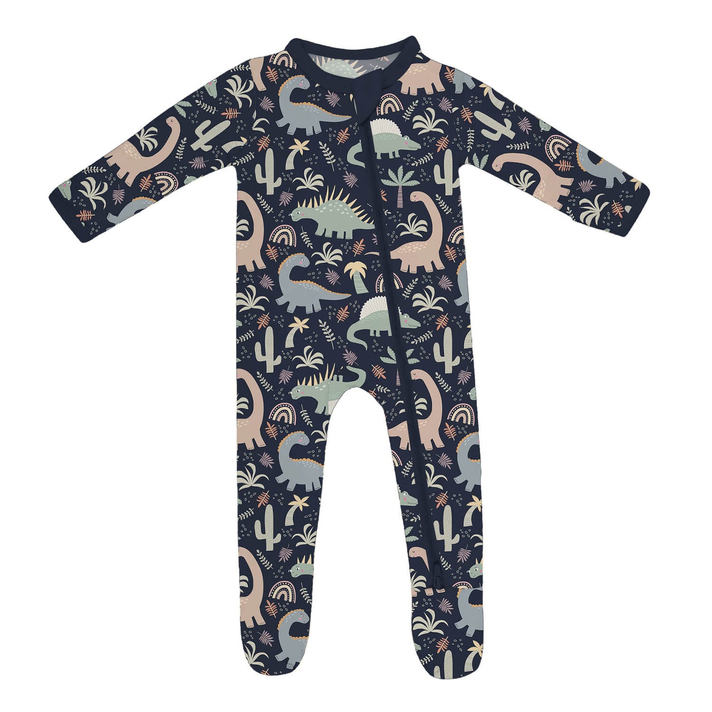 Navy Jurassic Jungle Zippered Footie Romper