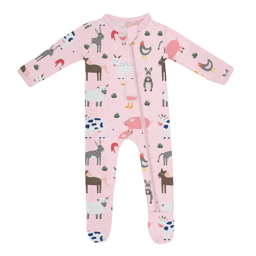 Pink Farm Animals Zippered Footie Romper