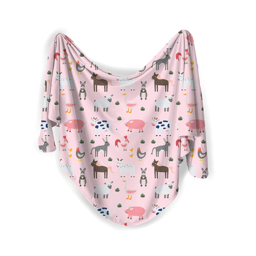 Pink Farm Animals Swaddle Blanket