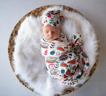 Autumn Pies Swaddle & Luxe Knot Hat, Wooden Plaque Set