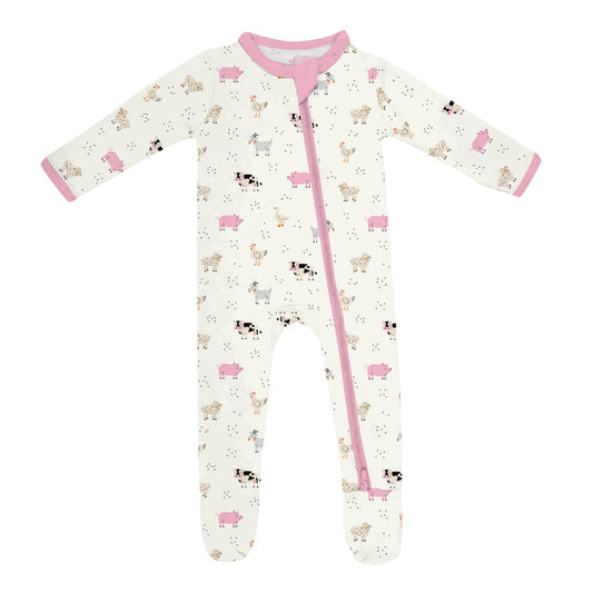 Pink Sleepy Farm Animals Footie Zippered Romper