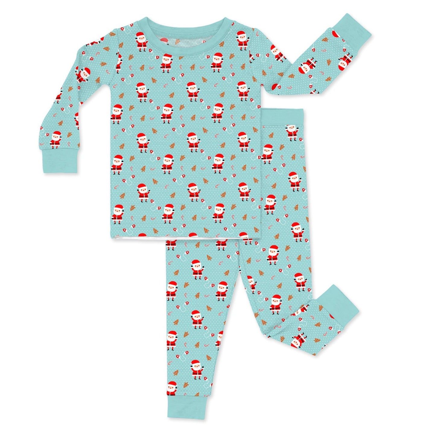 Santa Pattern Cyan Two Piece Pajama Set