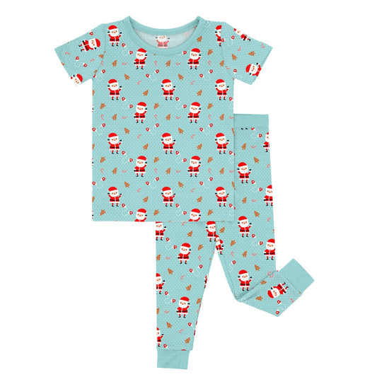 Santa Pattern Cyan Two Piece Short Sleeve Pajama Set