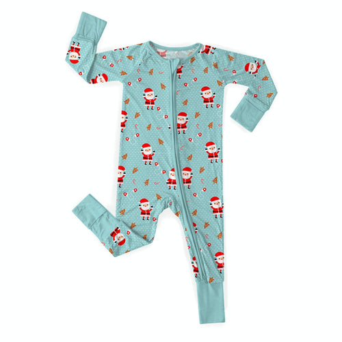 Santa Pattern Cyan Convertible Zippered Romper